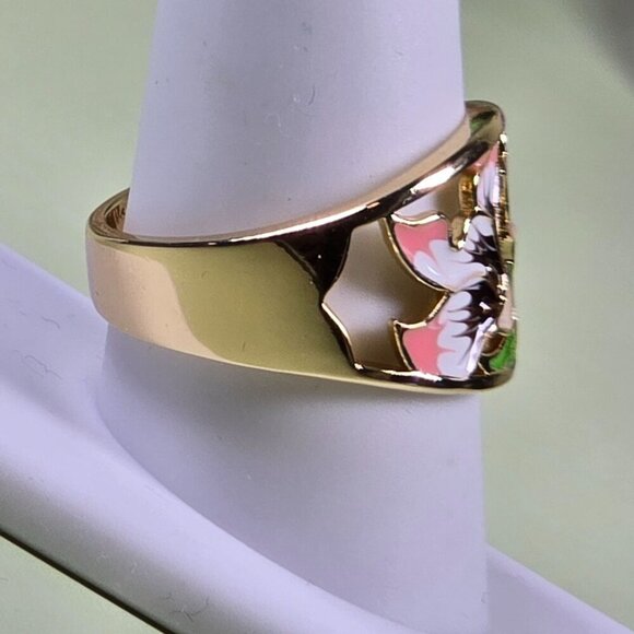 Golden Floral Enamel Ring With Pink & Green Lily Design Size 10‎ (NWOT) - Picture 4 of 7